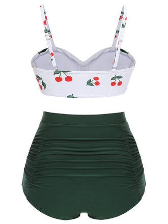[Taglia Forti] Set Bikini scollo a cuore ciliegia spalline sottili verde anni '50