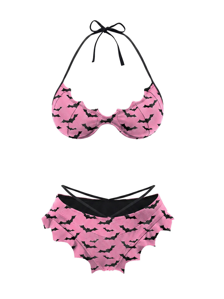 Set bikini gotico con ali di pipistrello nero anni '80