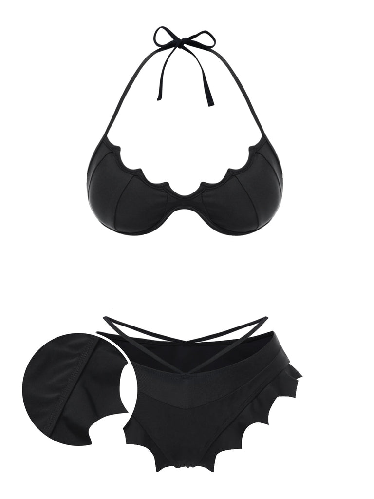 Set bikini gotico con ali di pipistrello nero anni '80
