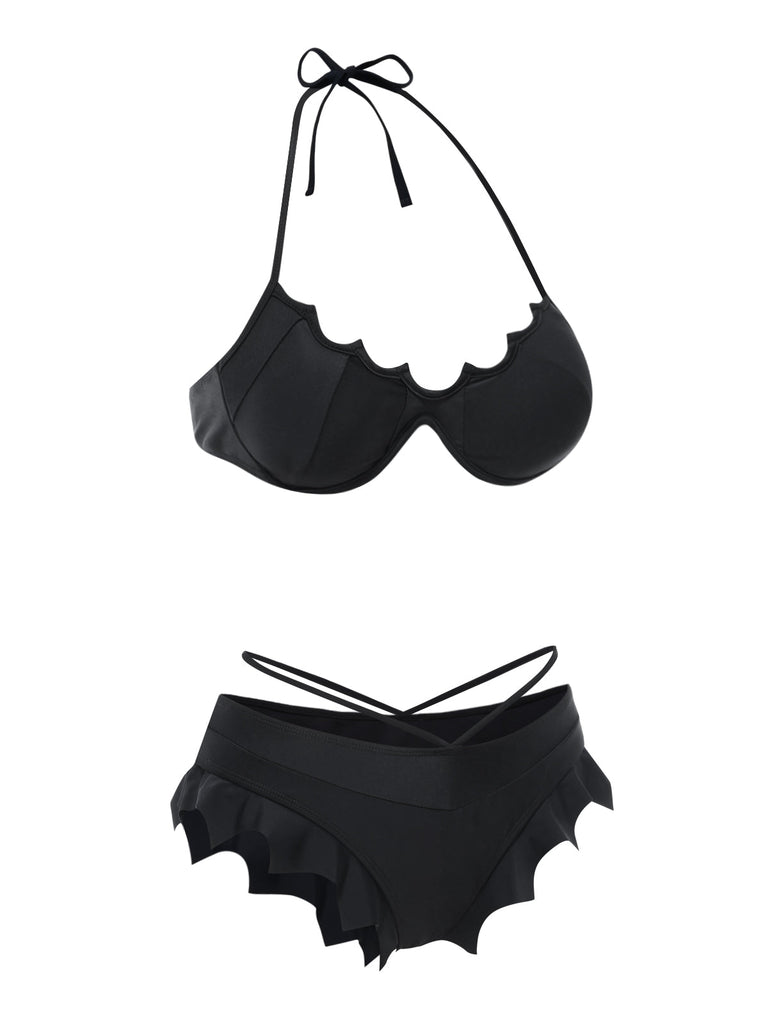 Set bikini gotico con ali di pipistrello nero anni '80