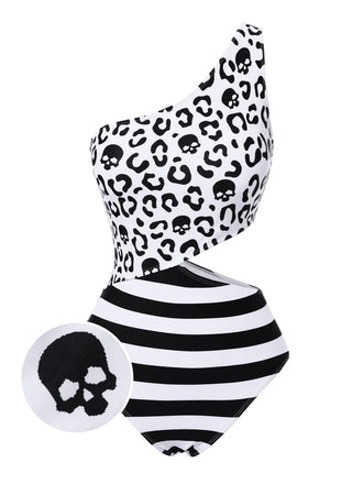 Costumi intero monospalla a righe teschio cavo nero anni '80