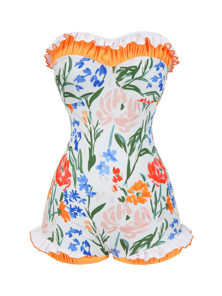 Costumi intero a fascia floreale multicolore anni '60