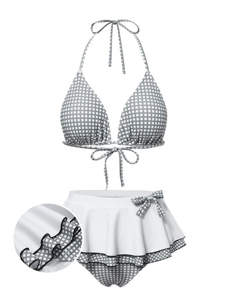 Set bikini plaid scollo all'americana grigio e bianco anni '40