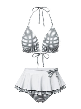 Set bikini plaid scollo all'americana grigio e bianco anni '40