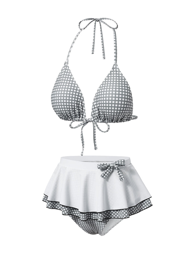 Set bikini plaid scollo all'americana grigio e bianco anni '40
