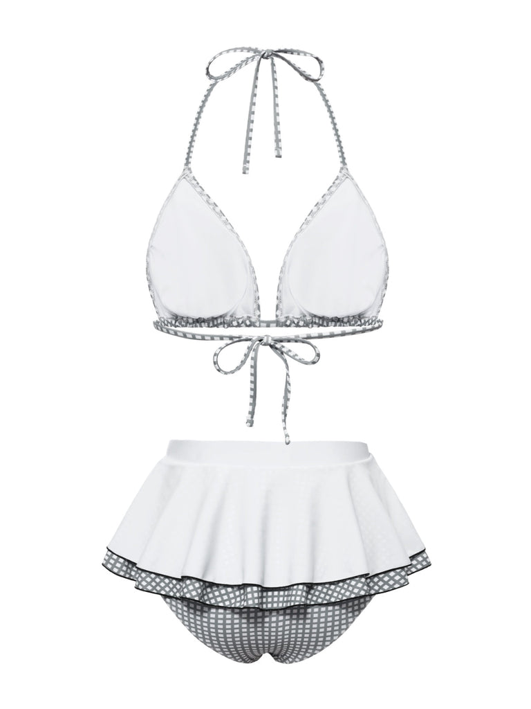 Set bikini plaid scollo all'americana grigio e bianco anni '40