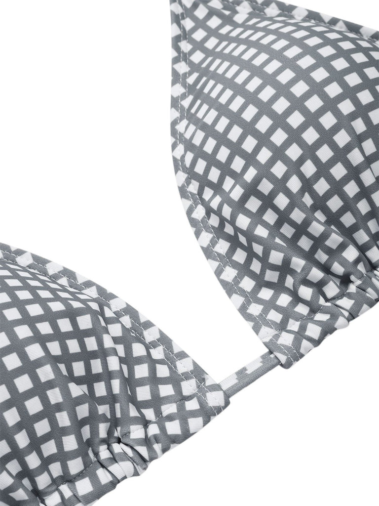 Set bikini plaid scollo all'americana grigio e bianco anni '40