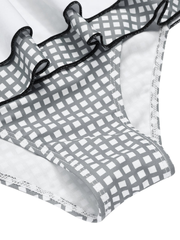 Set bikini plaid scollo all'americana grigio e bianco anni '40