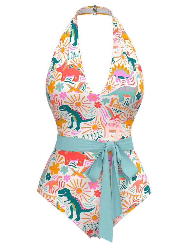Costumi intero stampa dinosauro multicolore anni '50