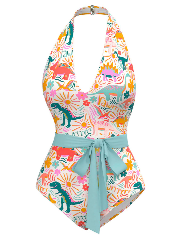 Costumi intero stampa dinosauro multicolore anni '50