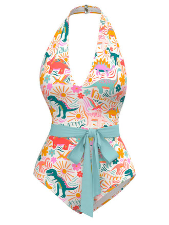 Costumi intero stampa dinosauro multicolore anni '50