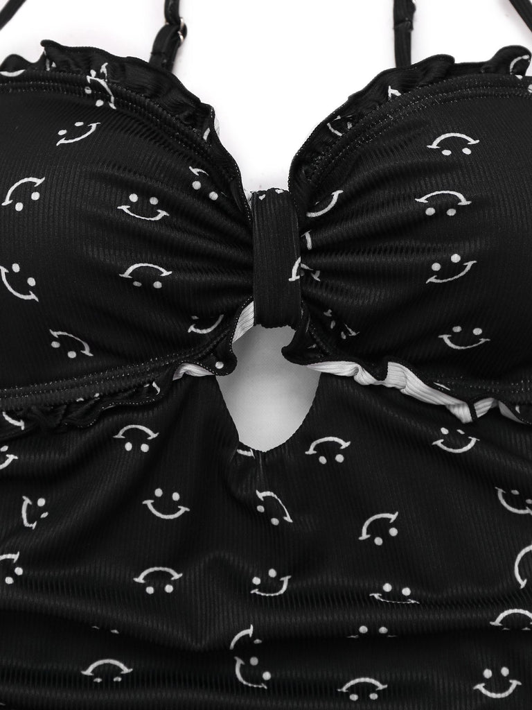 [Prevendita] Costumi intero stampa a sorriso volant spalline sottili nero anni '30