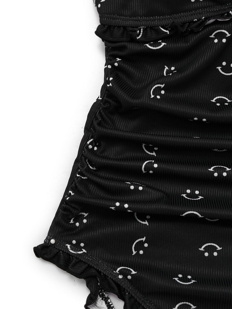 [Prevendita] Costumi intero stampa a sorriso volant spalline sottili nero anni '30