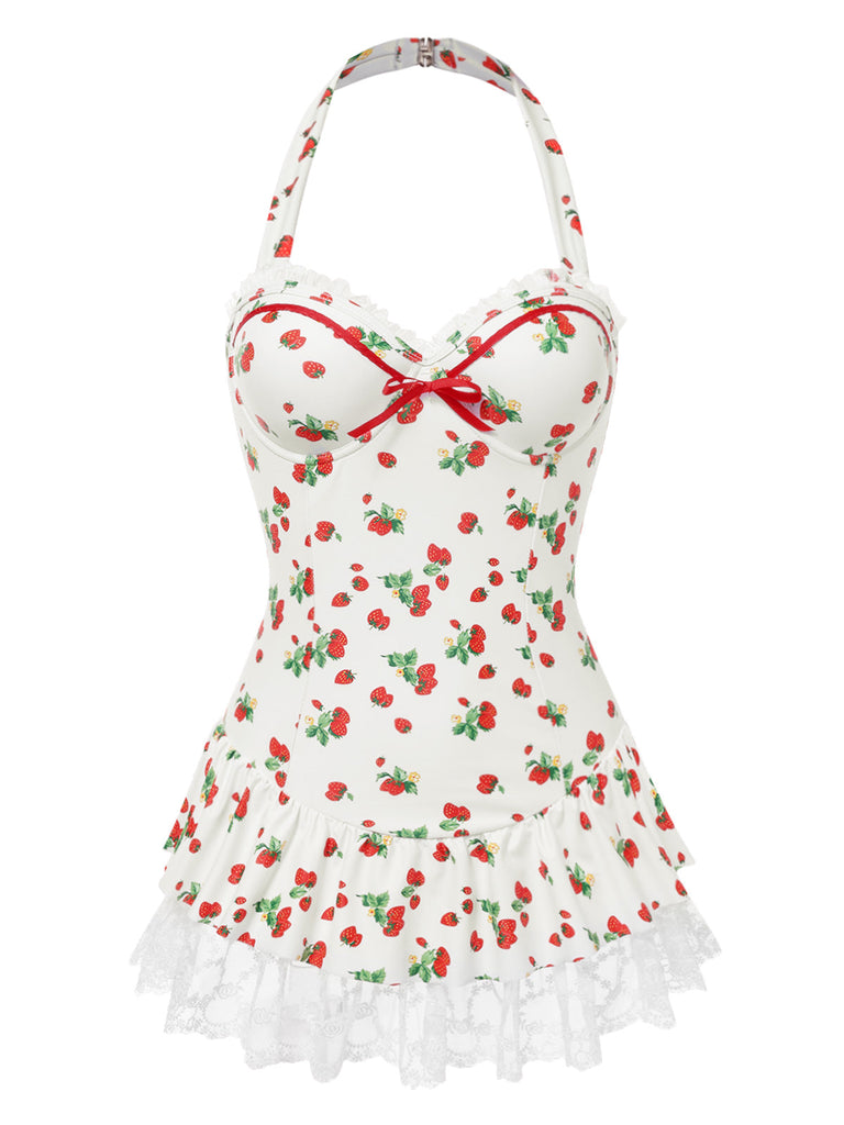 [Prevendita] Costumi intero in pizzo e fragola con fiocco anni '50