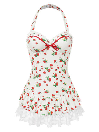 [Prevendita] Costumi intero in pizzo e fragola con fiocco anni '50