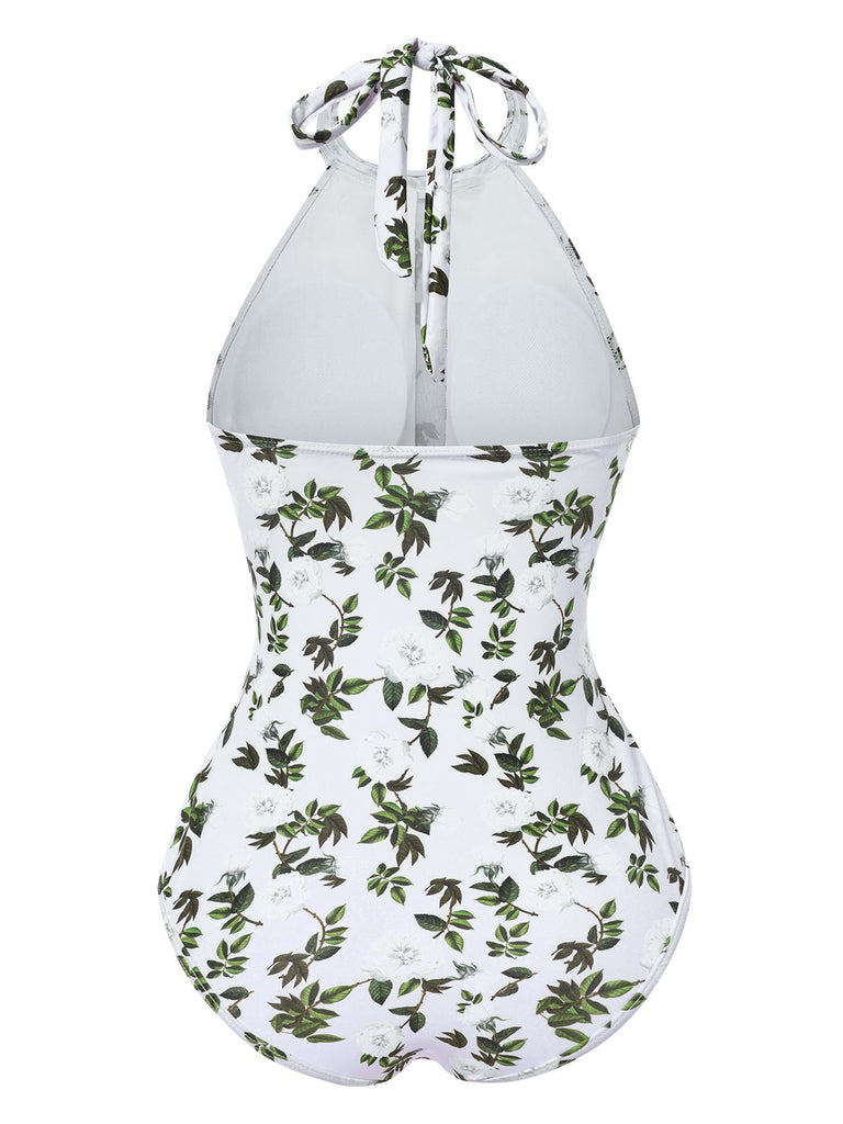 2PCS Costumi intero e copricostume con foglie verde anni '30
