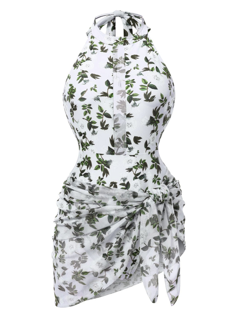 2PCS Costumi intero e copricostume con foglie verde anni '30