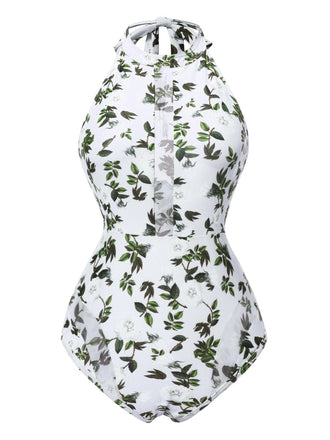 2PCS Costumi intero e copricostume con foglie verde anni '30