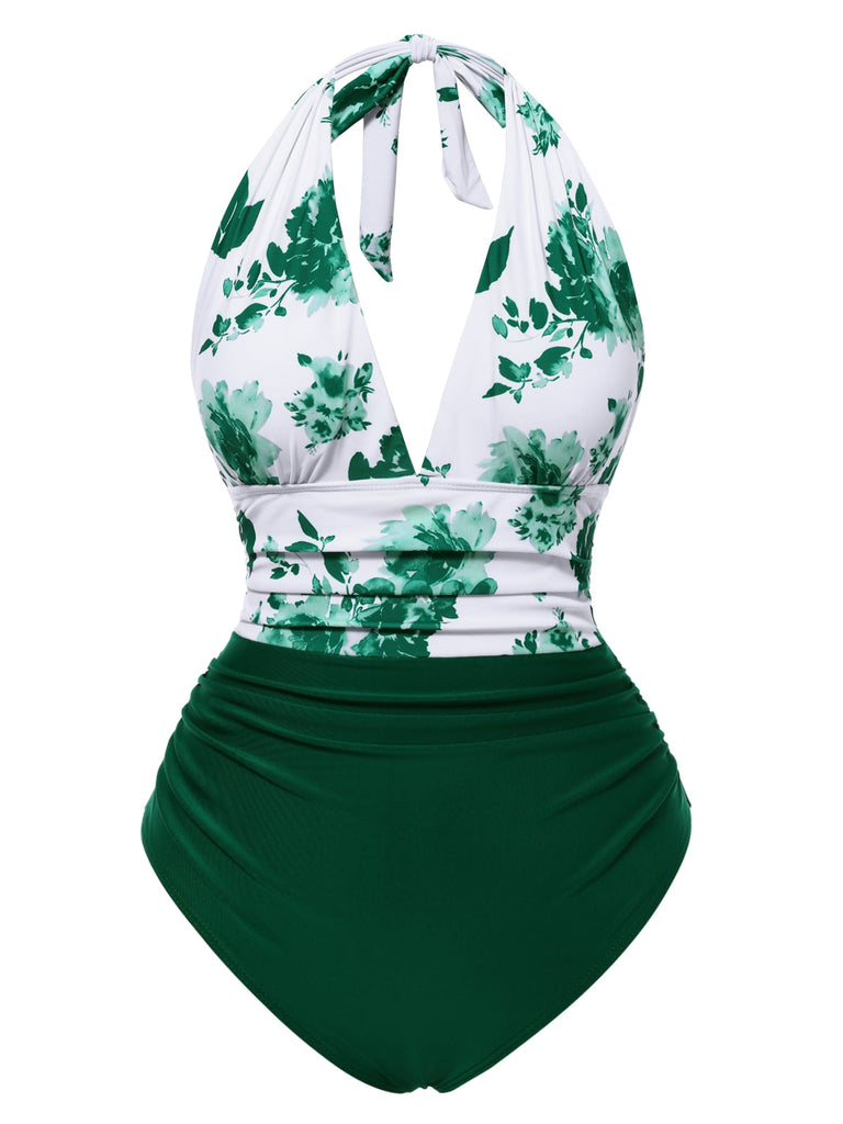 Costumi intero floreale scollo all'americana verde anni '40