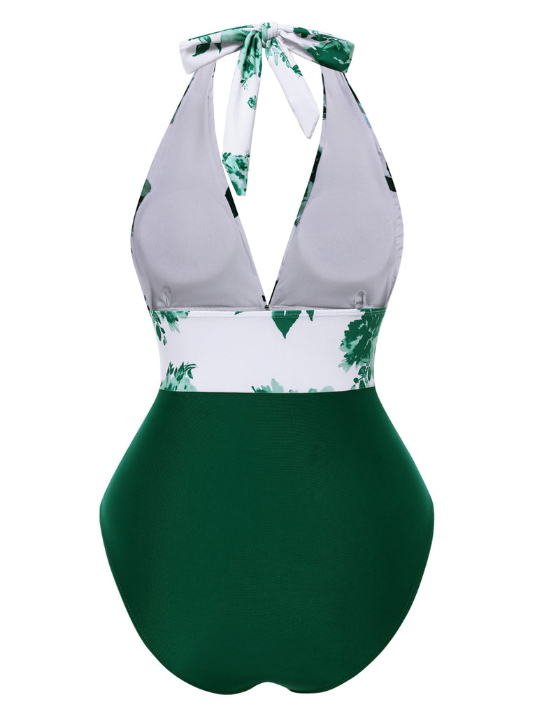 Costumi intero floreale scollo all'americana verde anni '40