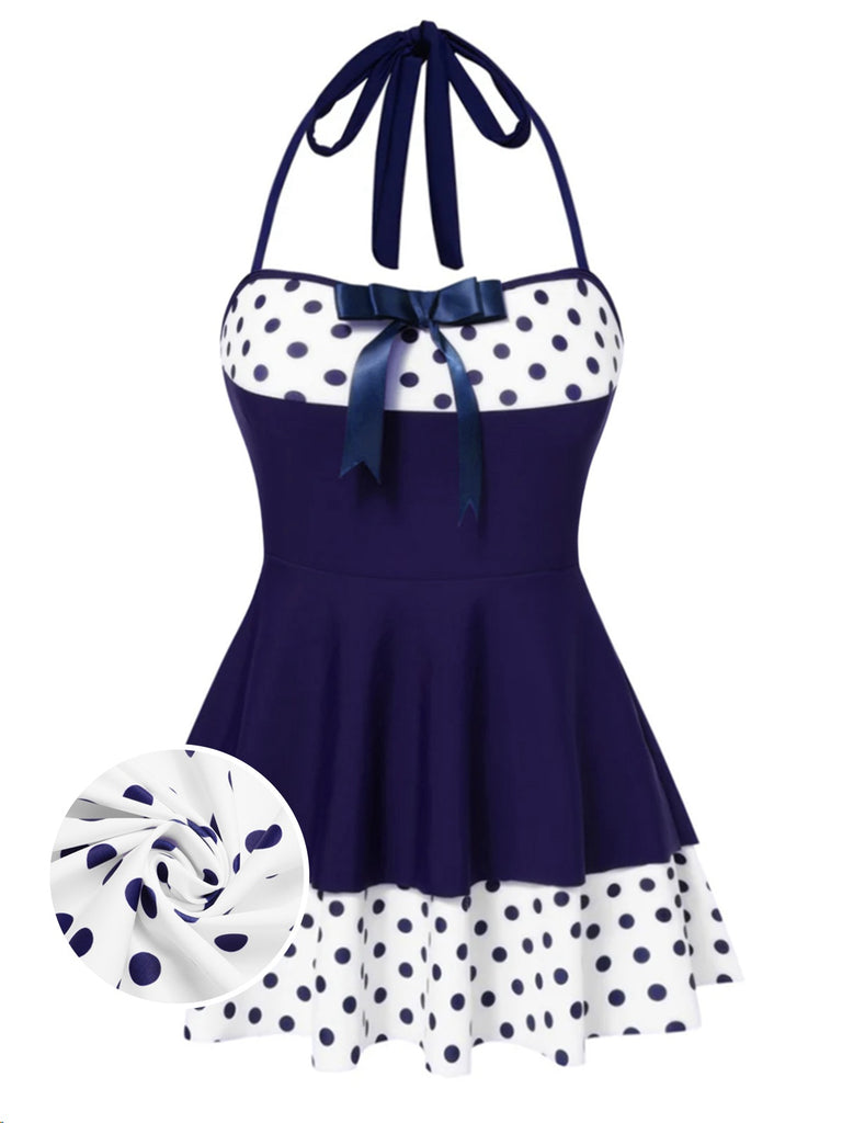 Costumi intero a pois con scollo all'americana blu anni '40