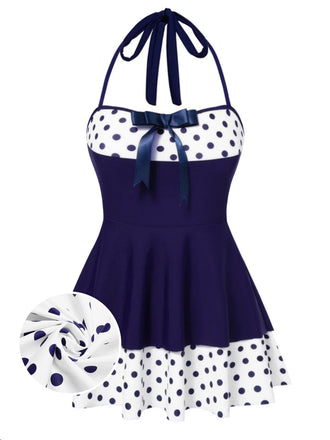 Costumi intero a pois con scollo all'americana blu anni '40