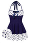 Costumi intero a pois con scollo all'americana blu anni '40