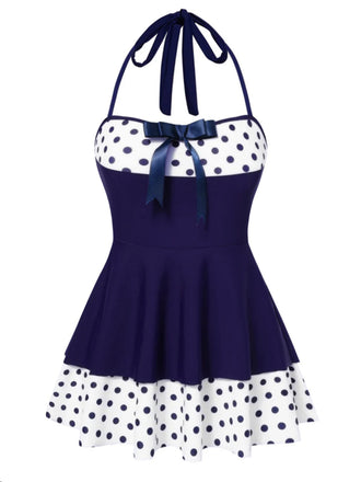 Costumi intero a pois con scollo all'americana blu anni '40