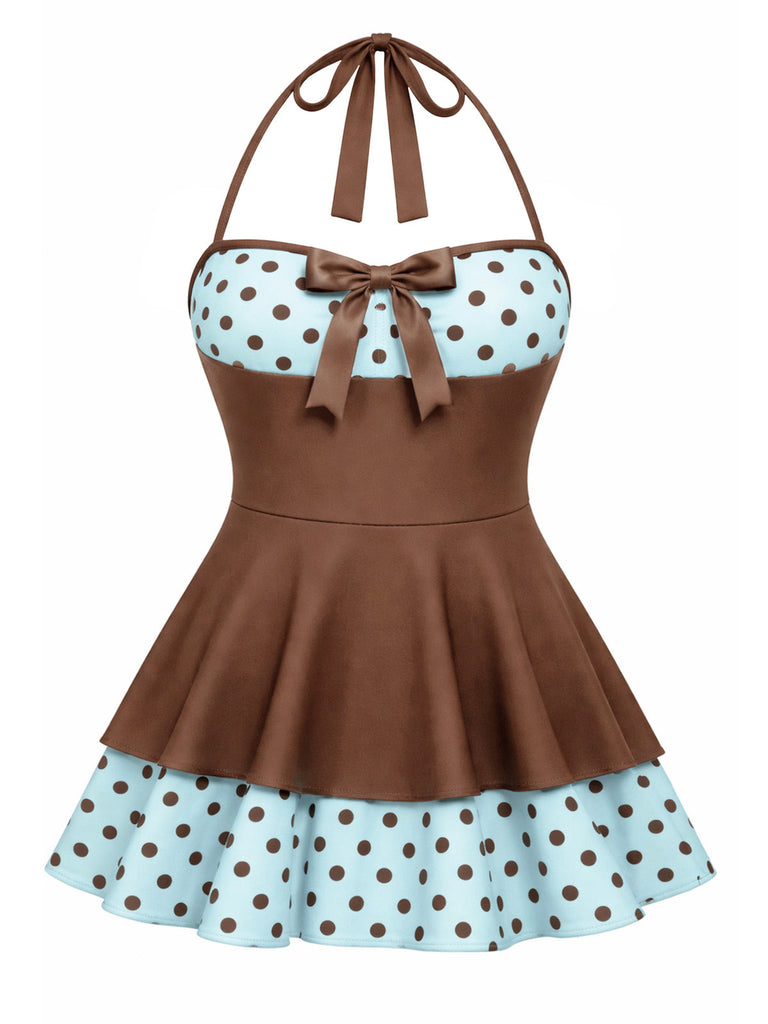[Pre-Vendita] Costume con Gonna Marrone a Pois Patchwork Halter Anni '40