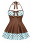 Costumi intero a pois con scollo all'americana marrone anni '40