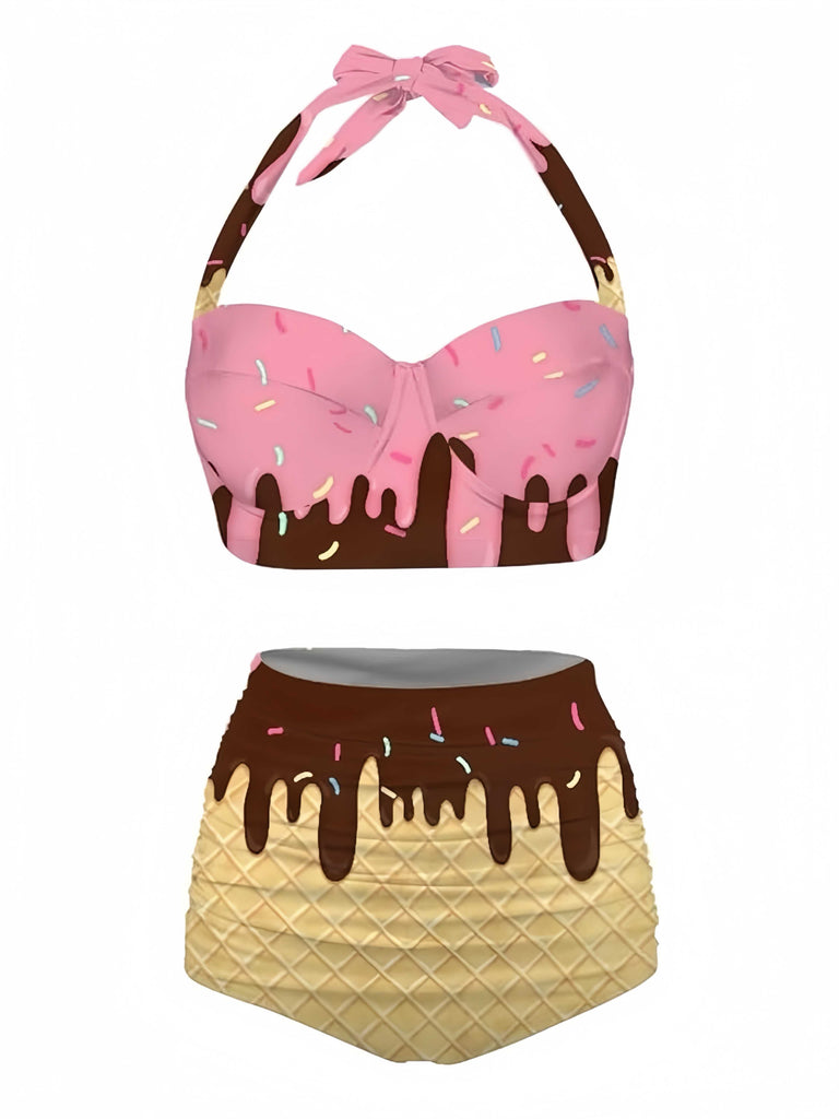 Bikini cono gelato con scollo all'americanae bianco anni '70