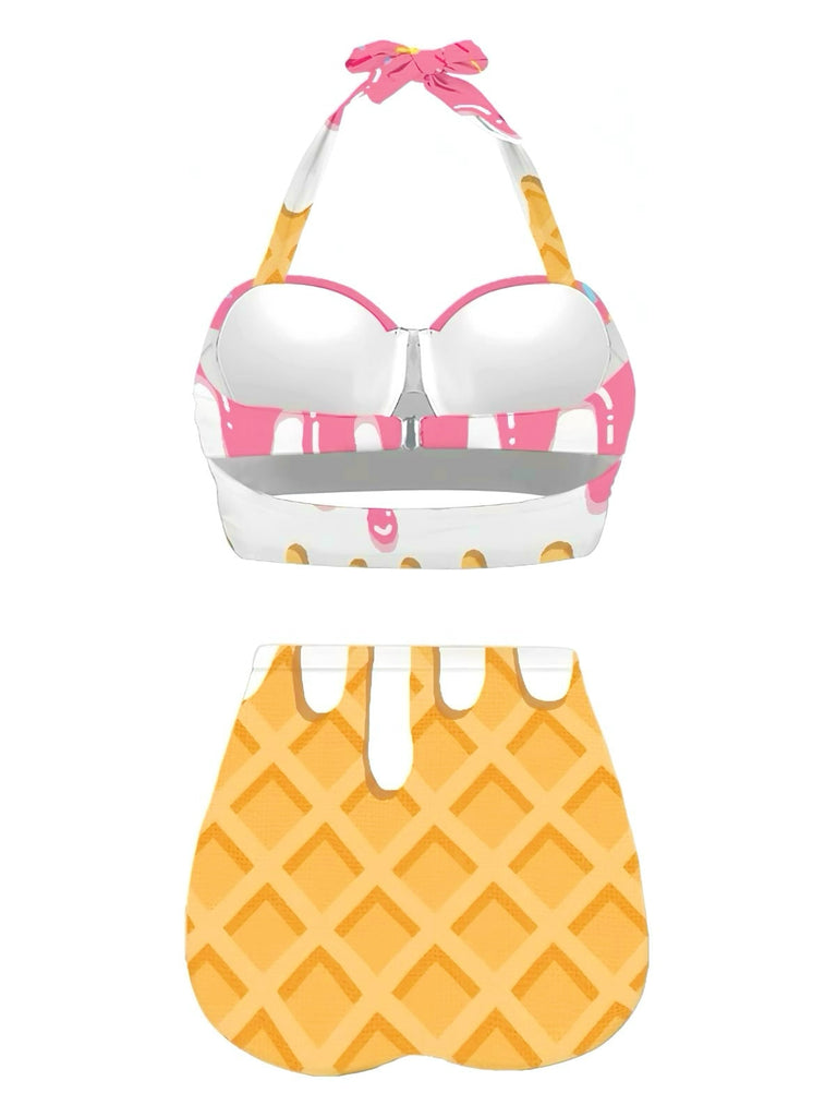 Bikini cono gelato con scollo all'americanae bianco anni '70