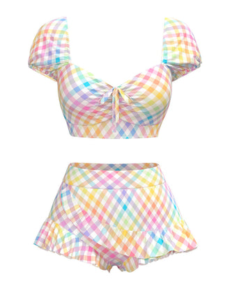 Set bikini plaid con maniche a sbuffo multicolore anni '70
