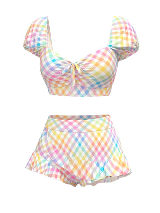Set bikini plaid con maniche a sbuffo multicolore anni '70