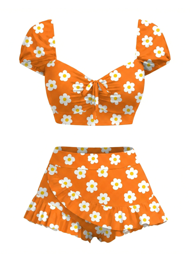 Set bikini plaid con maniche a sbuffo multicolore anni '70