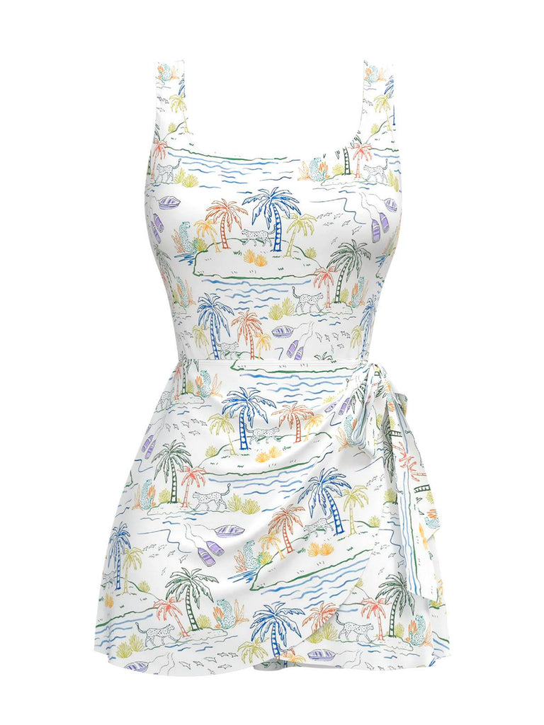 Costumi intero stampa vegetali scollo quadrato bianco anni '40
