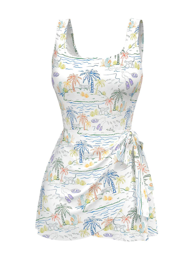 Costumi intero stampa vegetali scollo quadrato bianco anni '40
