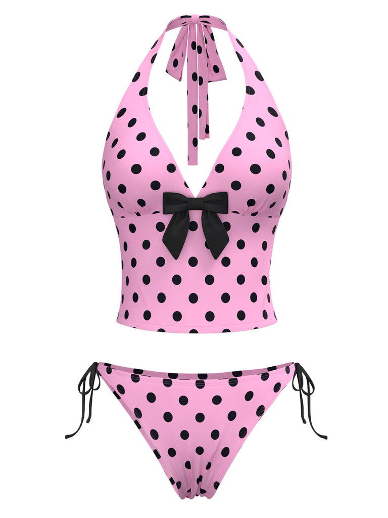 Set bikini a pois scollo all'americana fiocco rosa anni '70