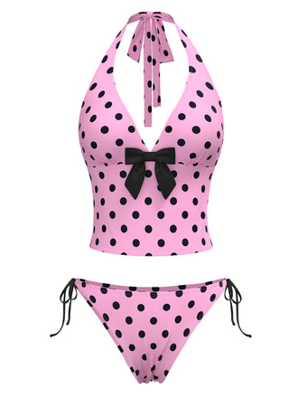Set bikini a pois scollo all'americana fiocco rosa anni '70