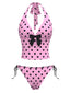 Set bikini a pois scollo all'americana fiocco rosa anni '70