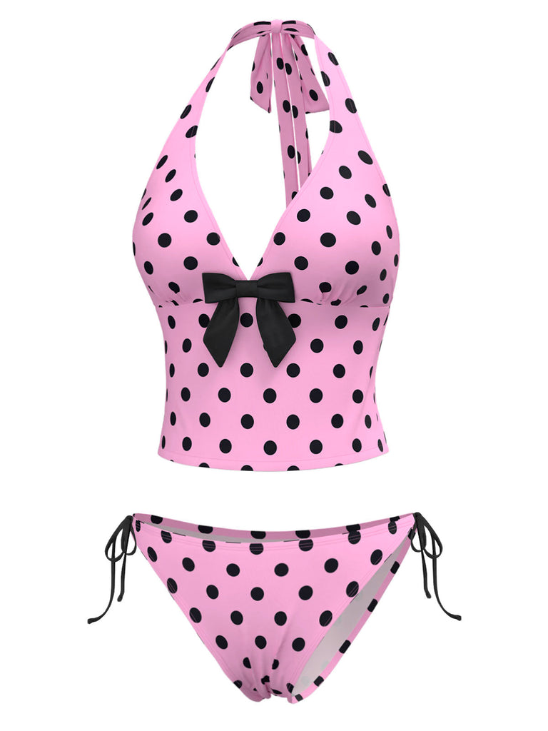 Set bikini a pois scollo all'americana fiocco rosa anni '70