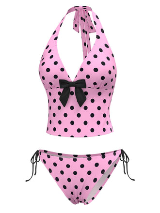 Set bikini a pois scollo all'americana fiocco rosa anni '70