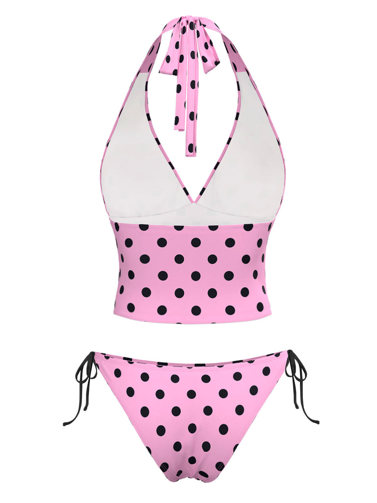 Set bikini a pois scollo all'americana fiocco rosa anni '70