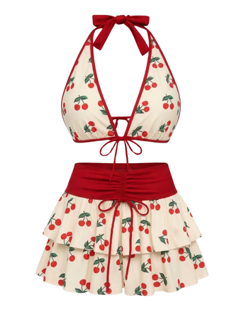 [Pre-Vendita] Cherry Print con Nodo Frontale Layered Set Bikini Rosa Anni '60