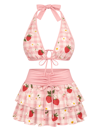 [Prevendita] Set Bikini Giallo Anni '60 a Quadri e Fragola con Scollo All'americana