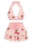 Set Bikini Rosa Anni '60 a Quadri e Fragola con Scollo All'americana