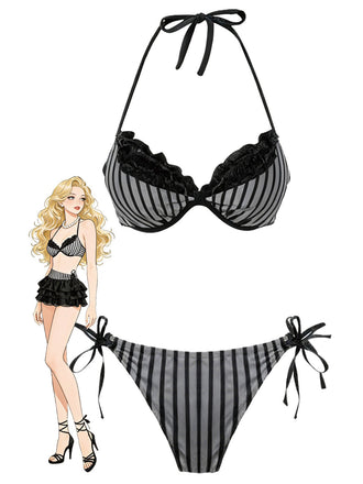 Set bikini a righe in rete con fiocco grigio anni '60