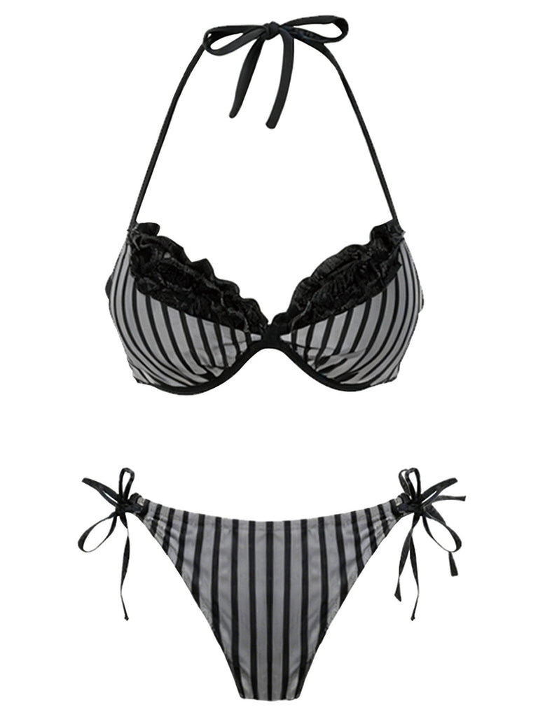 Set bikini a righe in rete con fiocco grigio anni '60