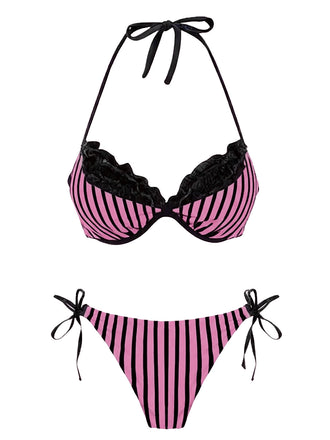 Set bikini a righe in rete con fiocco rosa anni '60