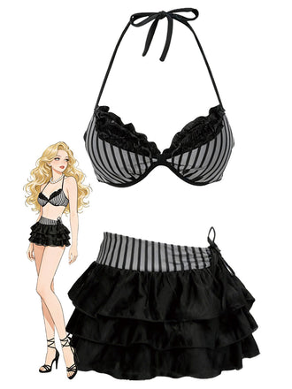 [Prevendita] 2PCS Bikini a righe e copricostume a balze grigio anni '60